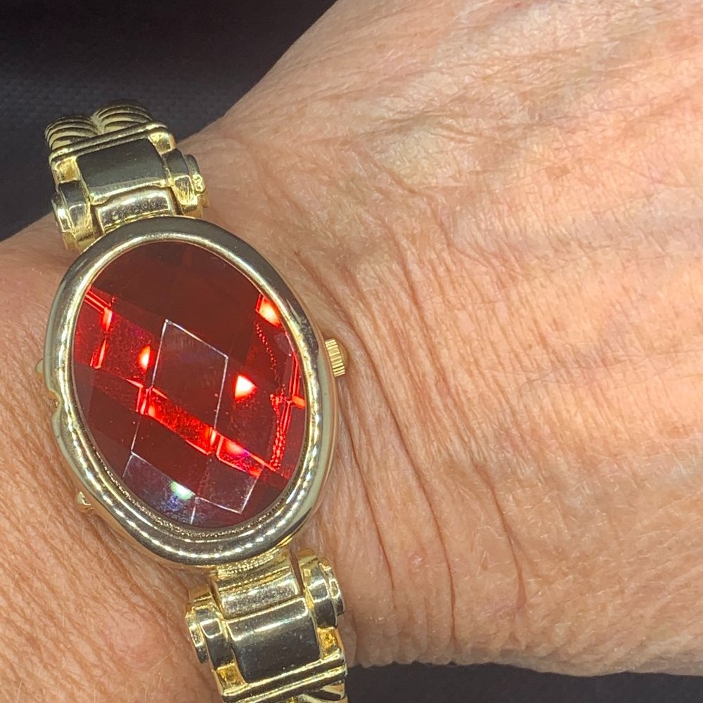 Gossip Gold/Red Stone hinged Watch Cuff  Bracelet